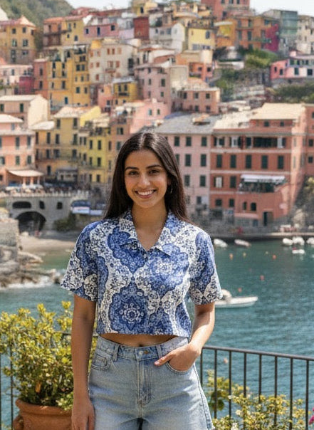 Crop Top in subtle block-printed floral patterns, effortlessly transition between resort wear to casual wear and relaxed lounge fit.