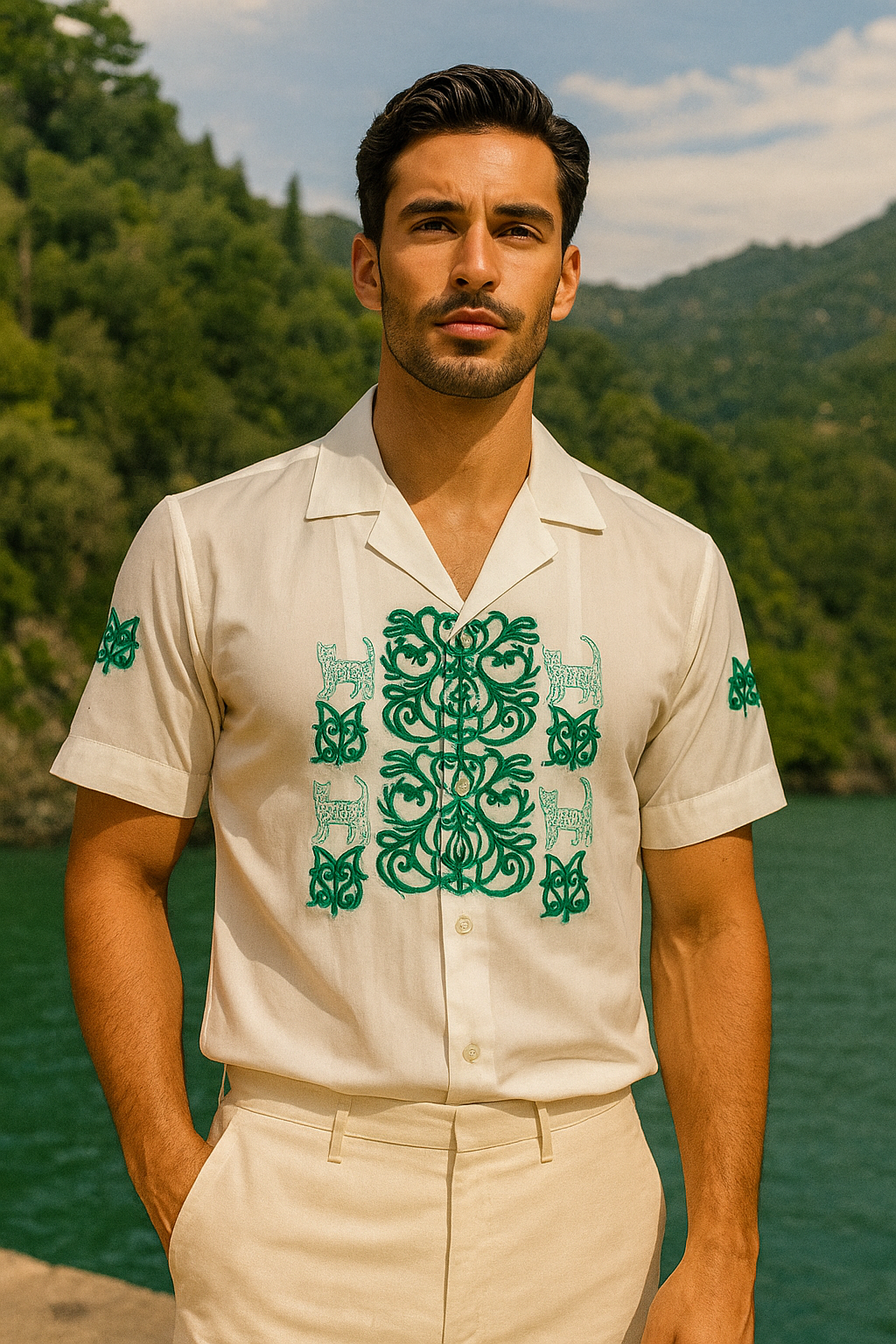 Male model wearing Belleoria green Handblock printed shirt with green floral and cat motifs, standing in a nature backgund