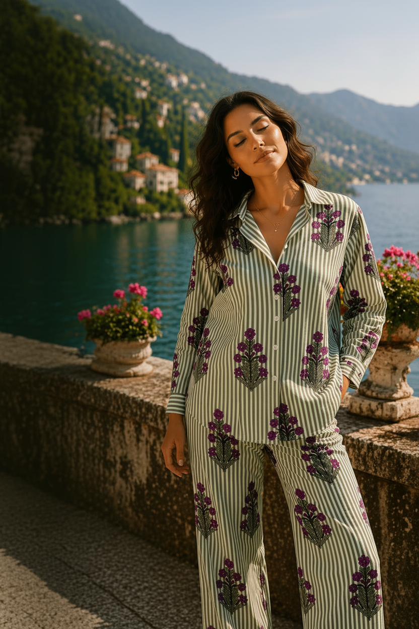 Woman wearing a patterned outfit with scenic background, featuring Belleoria brand.